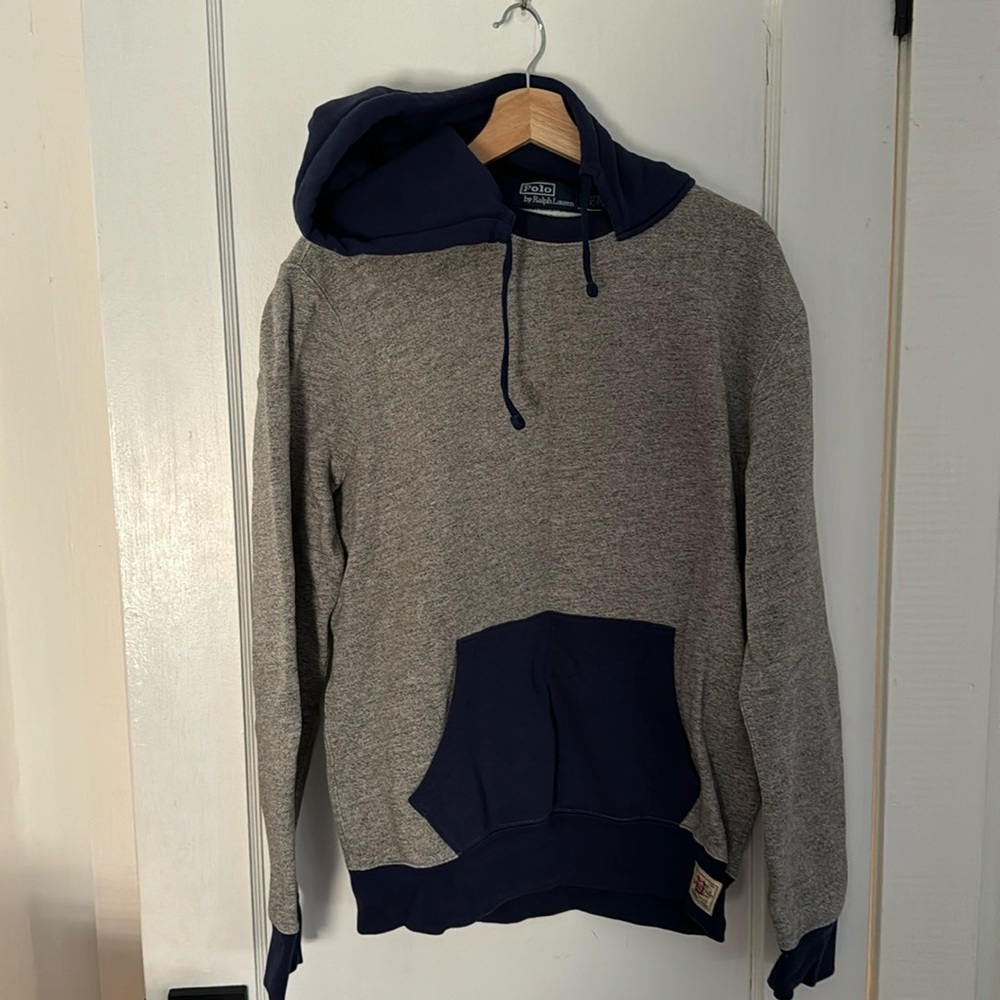 Like new! Super soft Polo hoodie. Grey and navy. Smoke and pet free home.